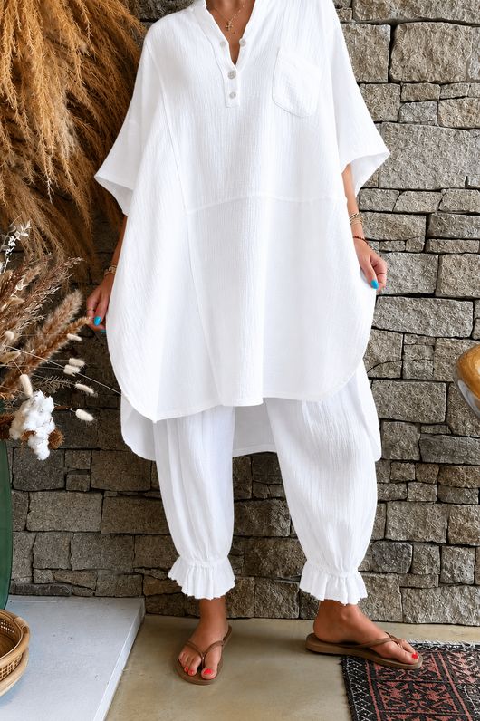 Tasha Cushion Cotton Oversized Shirt Tunic White